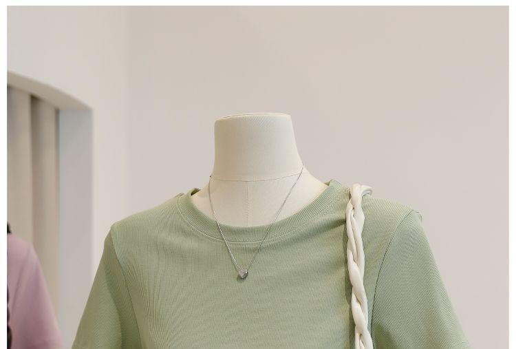 Short-Sleeve Crew Neck Plain Lace Up T-Shirt Product Image