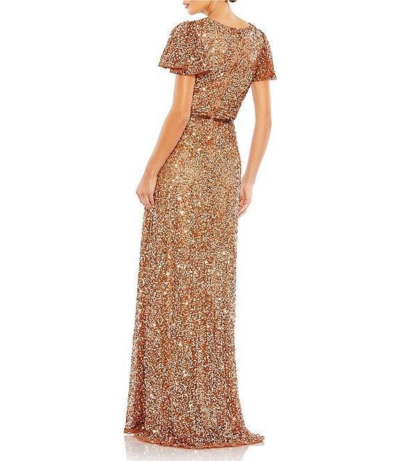 Mac Duggal Sequin V-Neck Short Flutter Sleeve Front Slit Gown Product Image