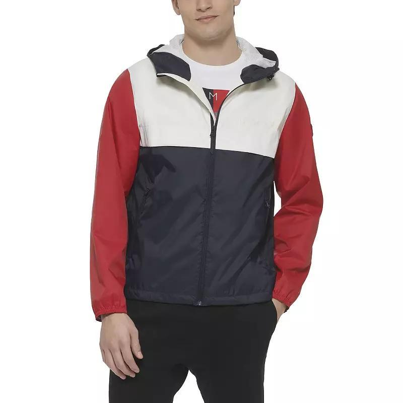 Men's Tommy Hilfiger Logo Patch Hooded Rain Jacket, Size: Medium, Black Red Combo Product Image