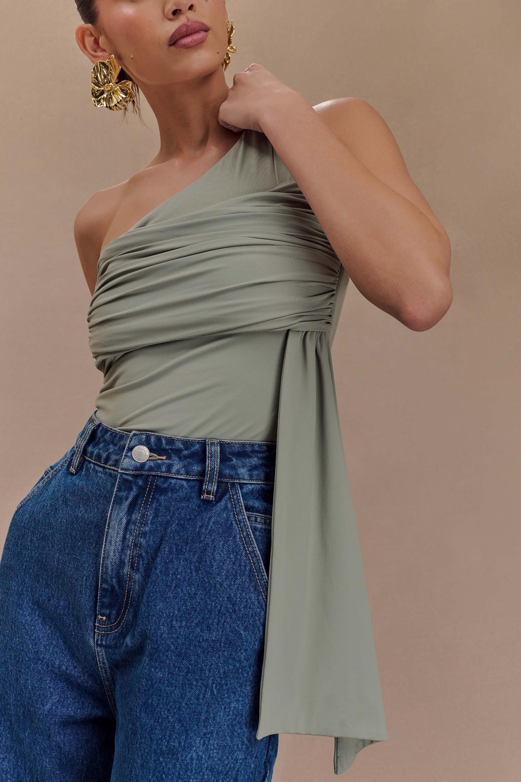 Sera One Shoulder Recycled Nylon Top With Drape - Basil Product Image