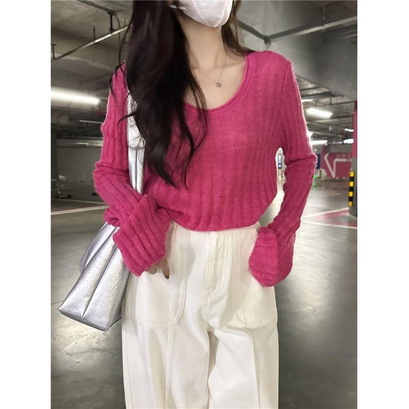 Long-Sleeve Scoop Neck Plain Ribbed Knit Top Product Image