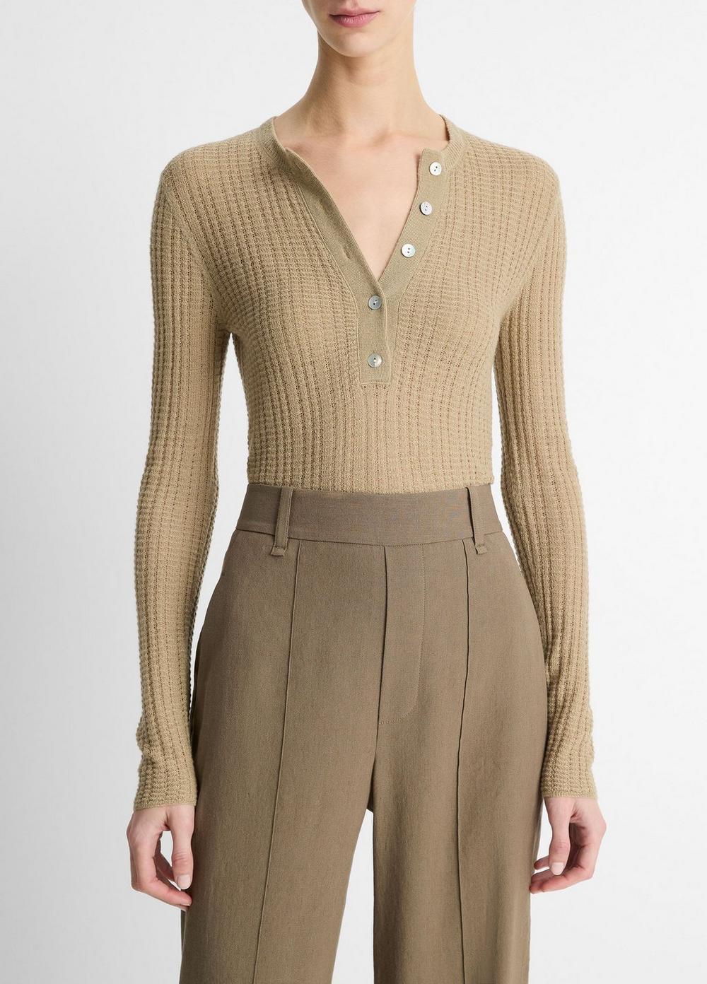 Waffle-Knit Cashmere-Silk Henley Sweater Product Image