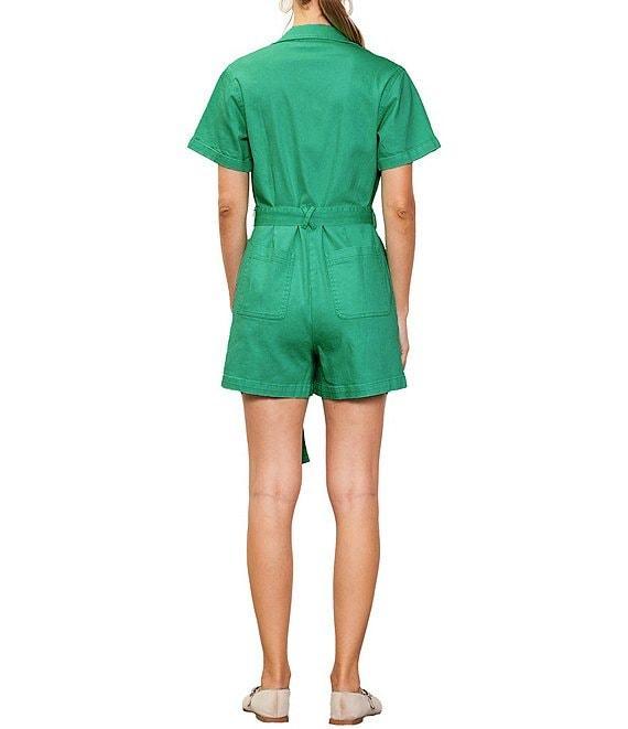Skies Are Blue Washed Cotton Twill Notch Collar Short Sleeve Button Front Belted Romper Product Image