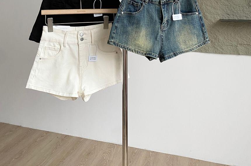 High Waist Washed Denim Shorts Product Image