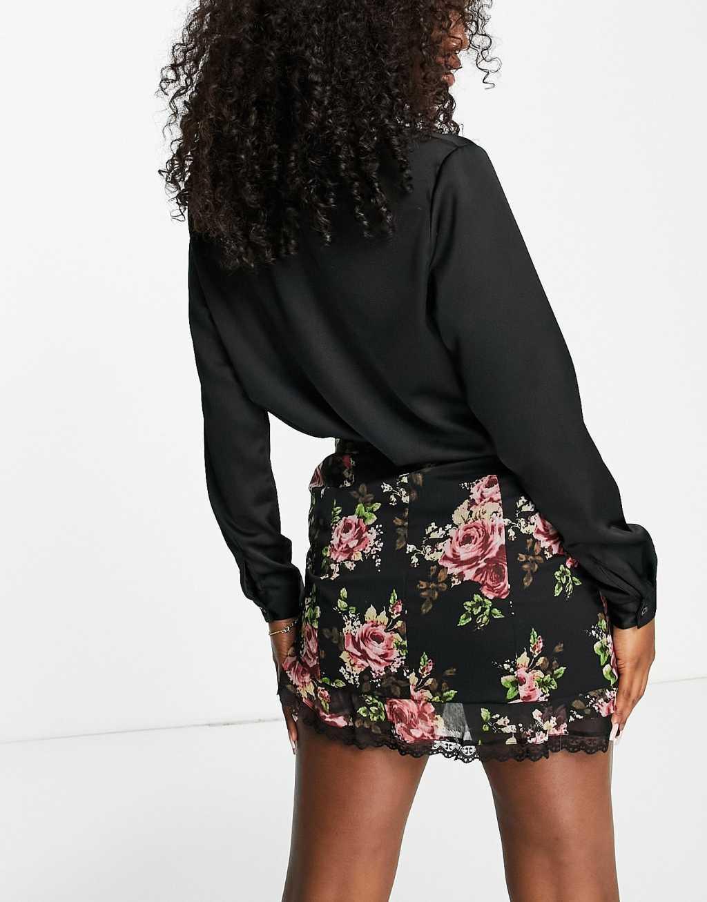 ASOS DESIGN ruched mini skirt with lace detail in dark floral print Product Image