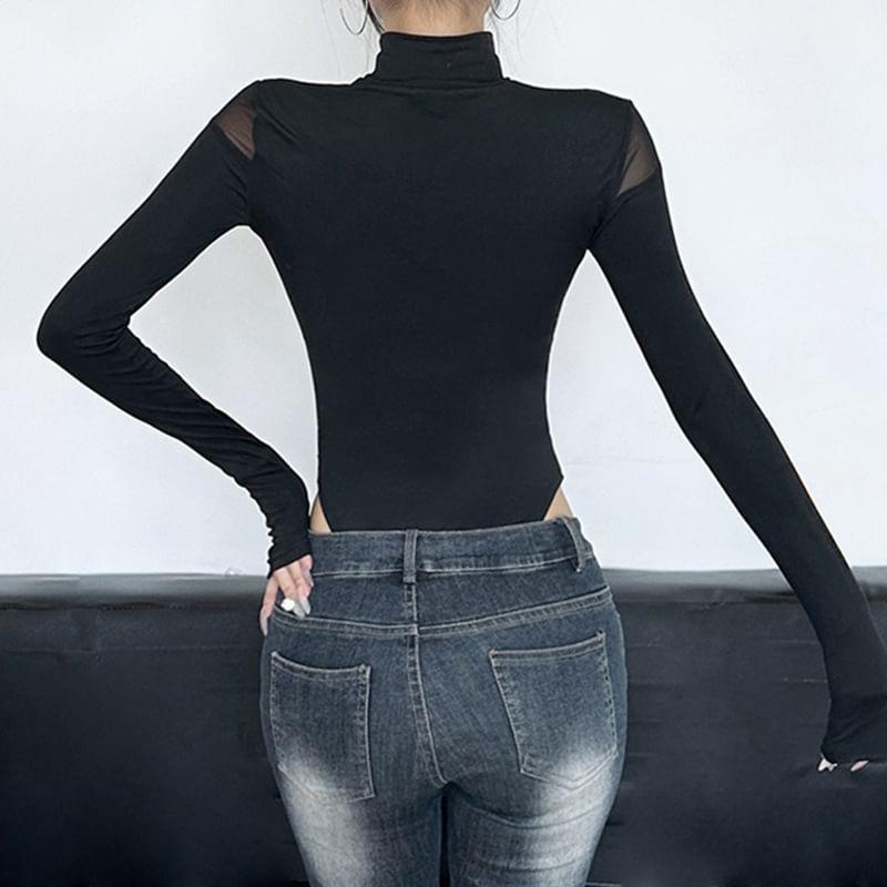 Long-Sleeve High Neck Paneled Mesh Panel Bodysuit Top Product Image