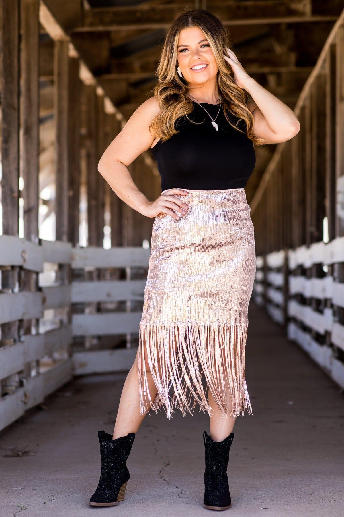 Rose Gold Sequin Midi Skirt With Fringe Product Image