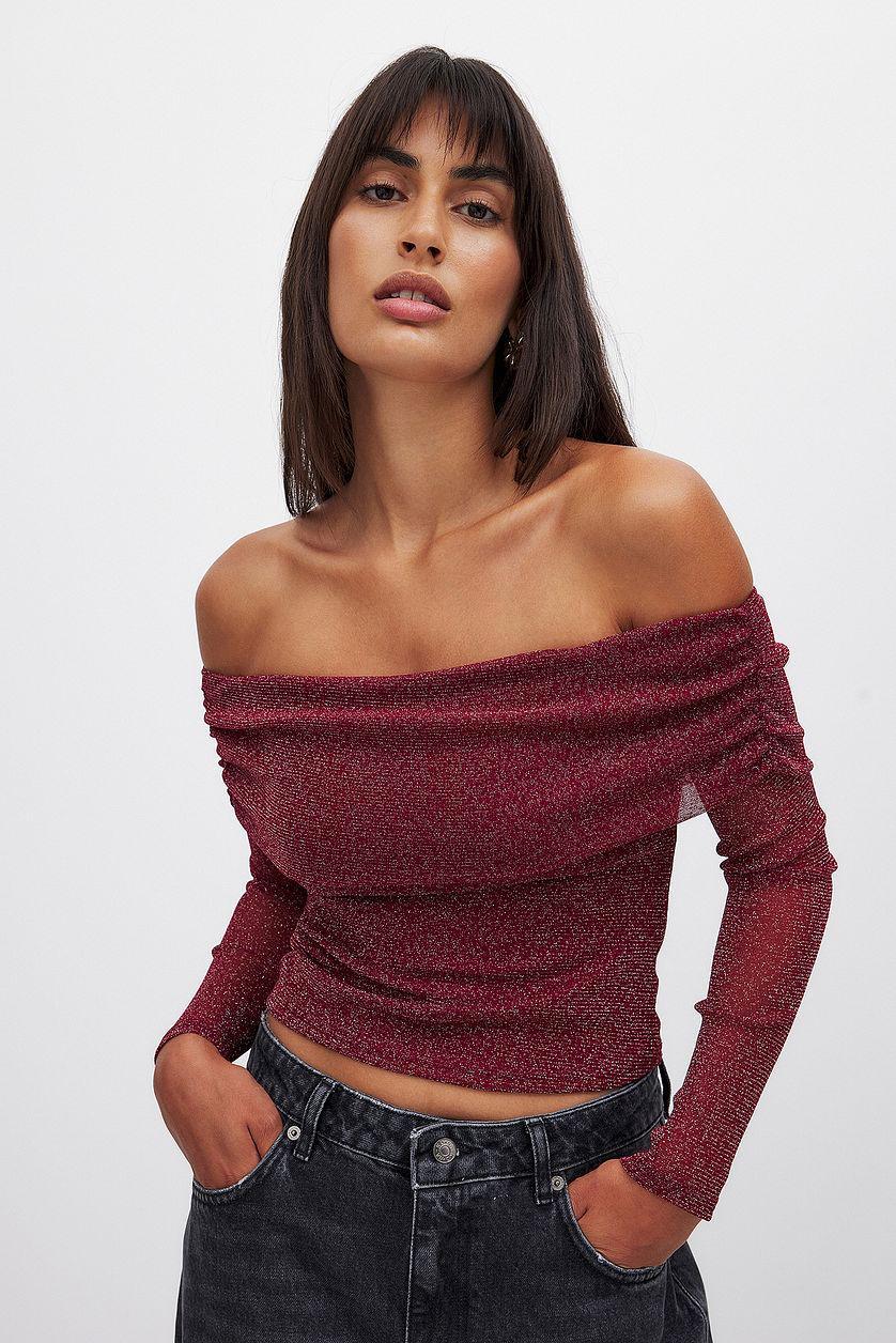 Off Shoulder Glitter Mesh Top Product Image