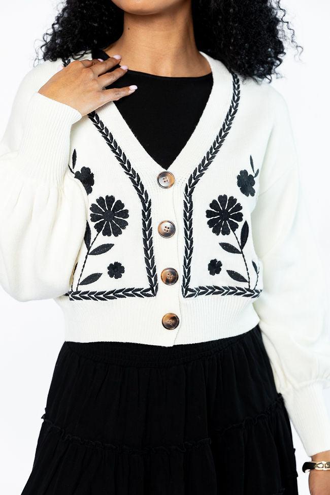 Bloom With Grace Ivory and Black Floral Embroidered Cardigan Product Image