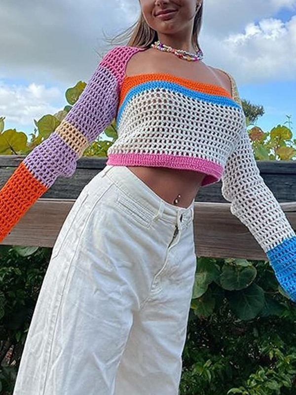 Cutout Colorful Patchwork Crochet Top Product Image