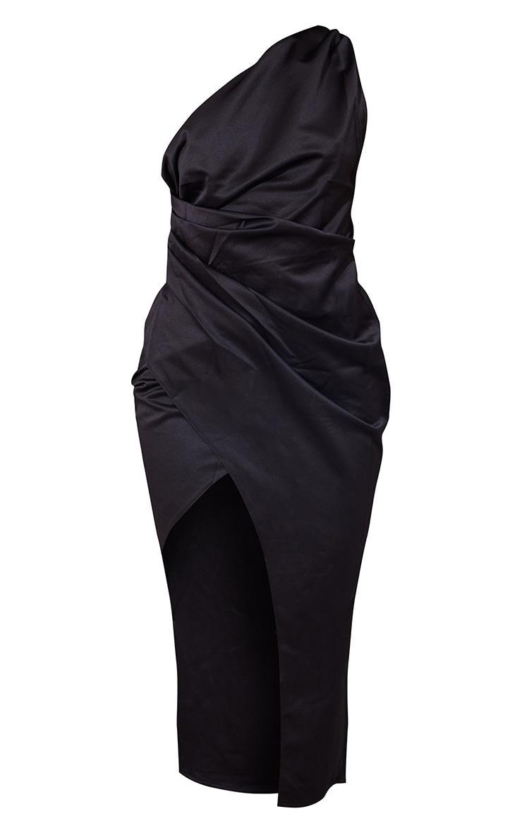 Black Satin One Shoulder Pleat Detail Midi Dress Product Image