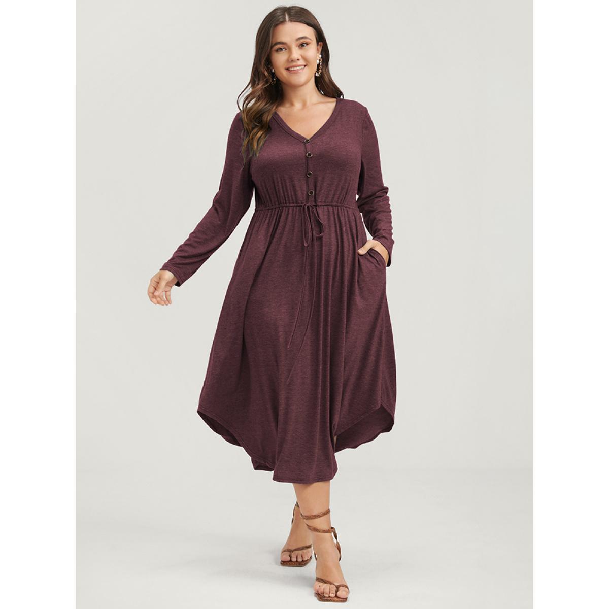 Plus Size Solid Pocket Button Asymmetrical Hem Ties Midi Dress Black Women Casual Patchwork V-neck Long Sleeve Curvy Midi Dress BloomChic 10/M Product Image