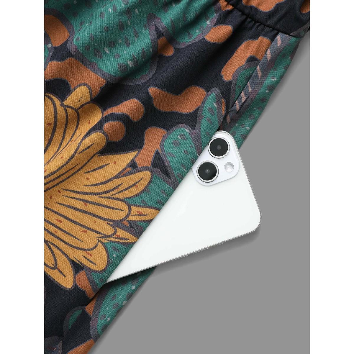 Plus Size Boho Print Belted Lantern Sleeve Dress Black Women Resort Belted Overlap Collar Long Sleeve Curvy BloomChic 10/M Product Image