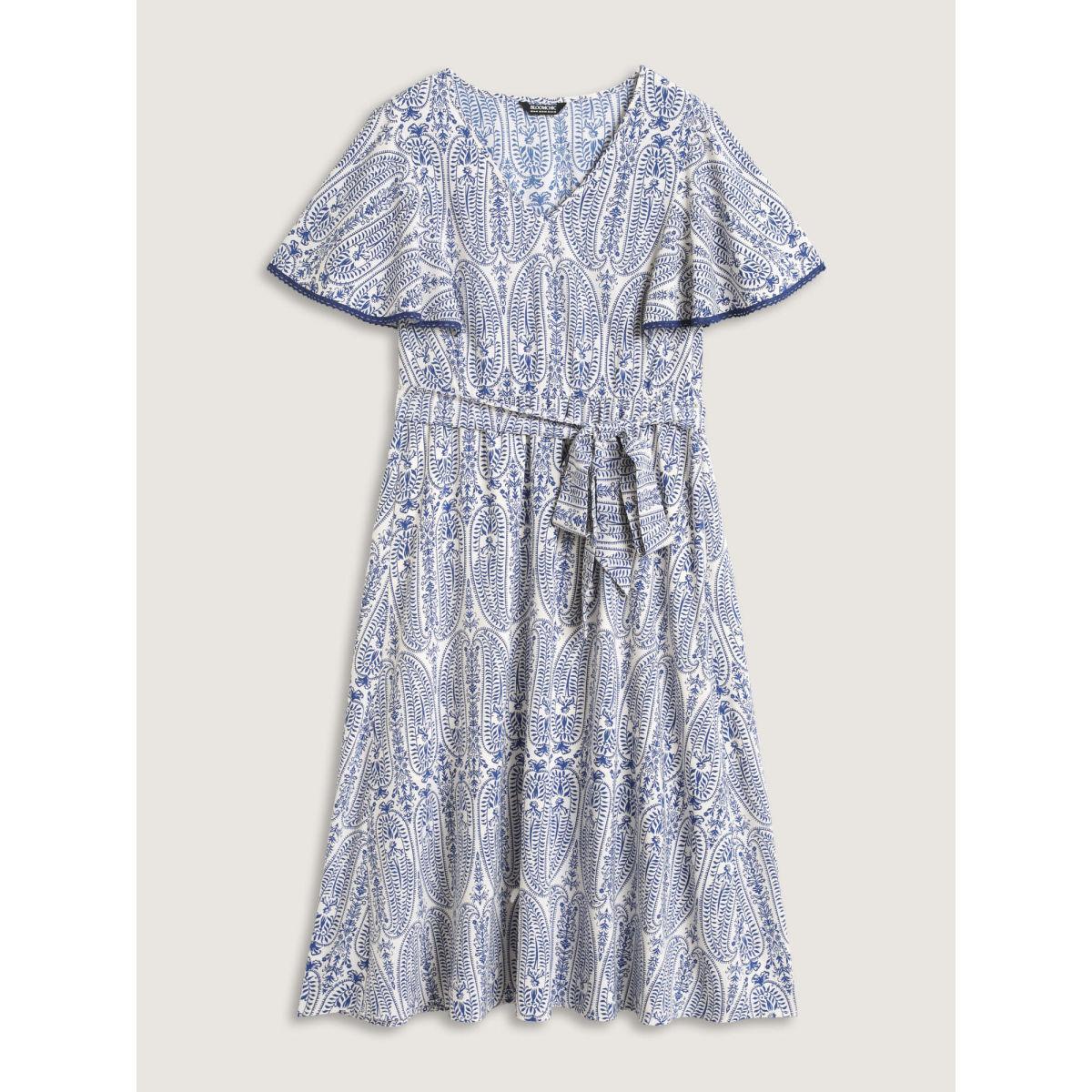 Plus Size Rayon Paisley Print Cinched-Waist Midi Dress DarkBlue Women V-neck Short sleeve Curvy BloomChic 30/6X Product Image