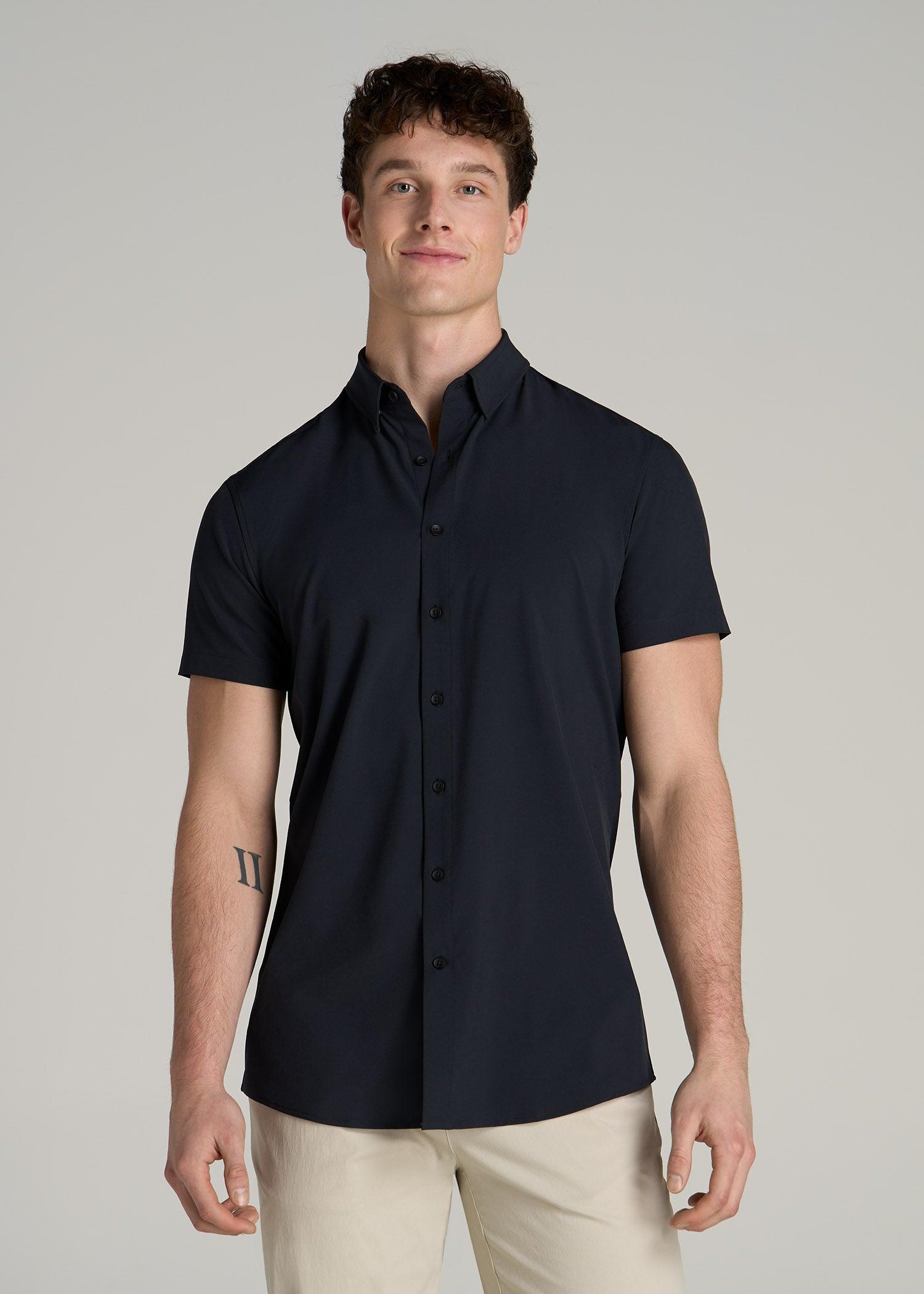 Short Sleeve Traveler Stretch Button Shirt for Tall Men in Black Male Product Image