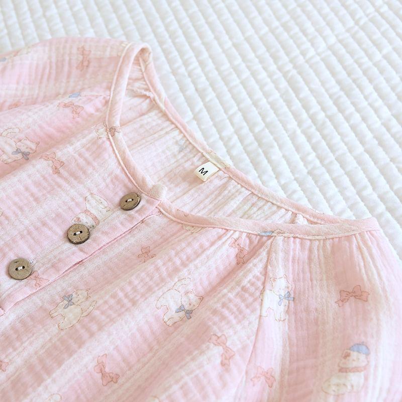 Pajama Set: Short-Sleeve Half Buttoned Print Top + Shorts Product Image