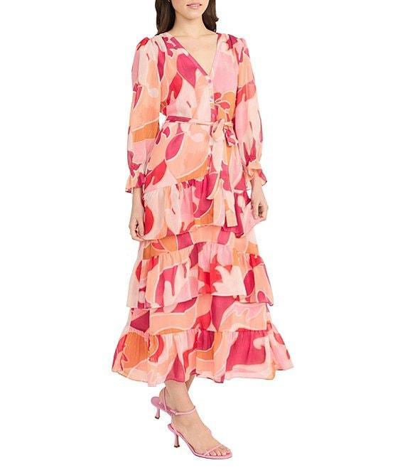 Donna Morgan Abstract Print V Neck Long Sleeve Button Front Waist Tie Button Front Shirt Midi Dress Product Image