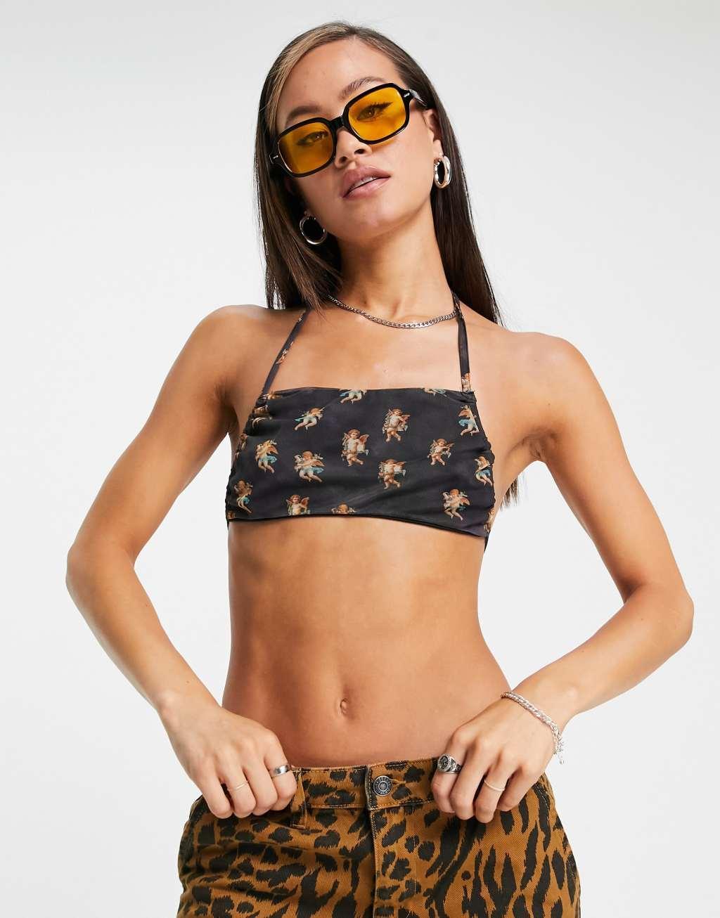 Noisy May exclusive mesh tie back top in cherub print Product Image