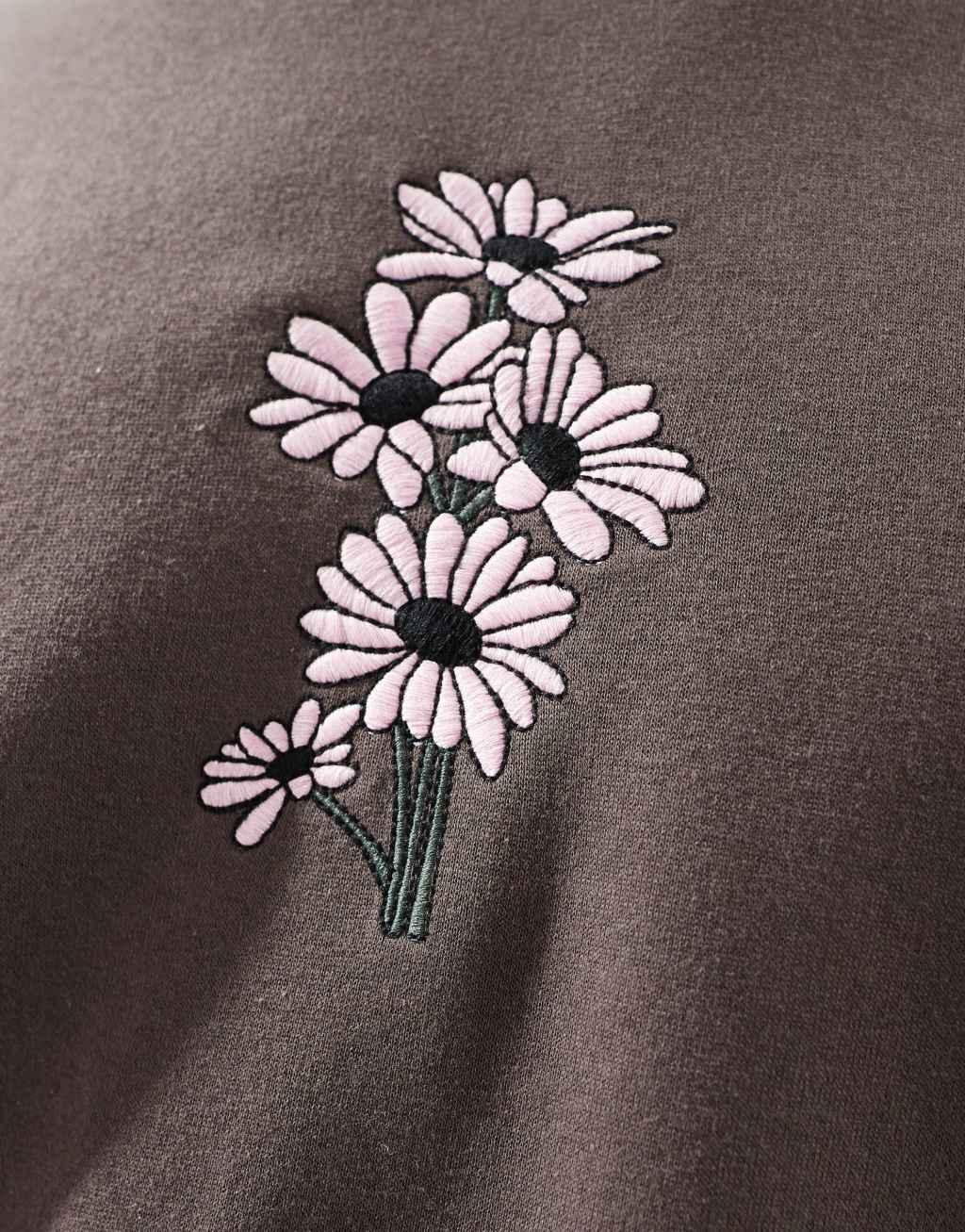 Jack & Jones oversized sweat with daisy embroidery in brown Product Image