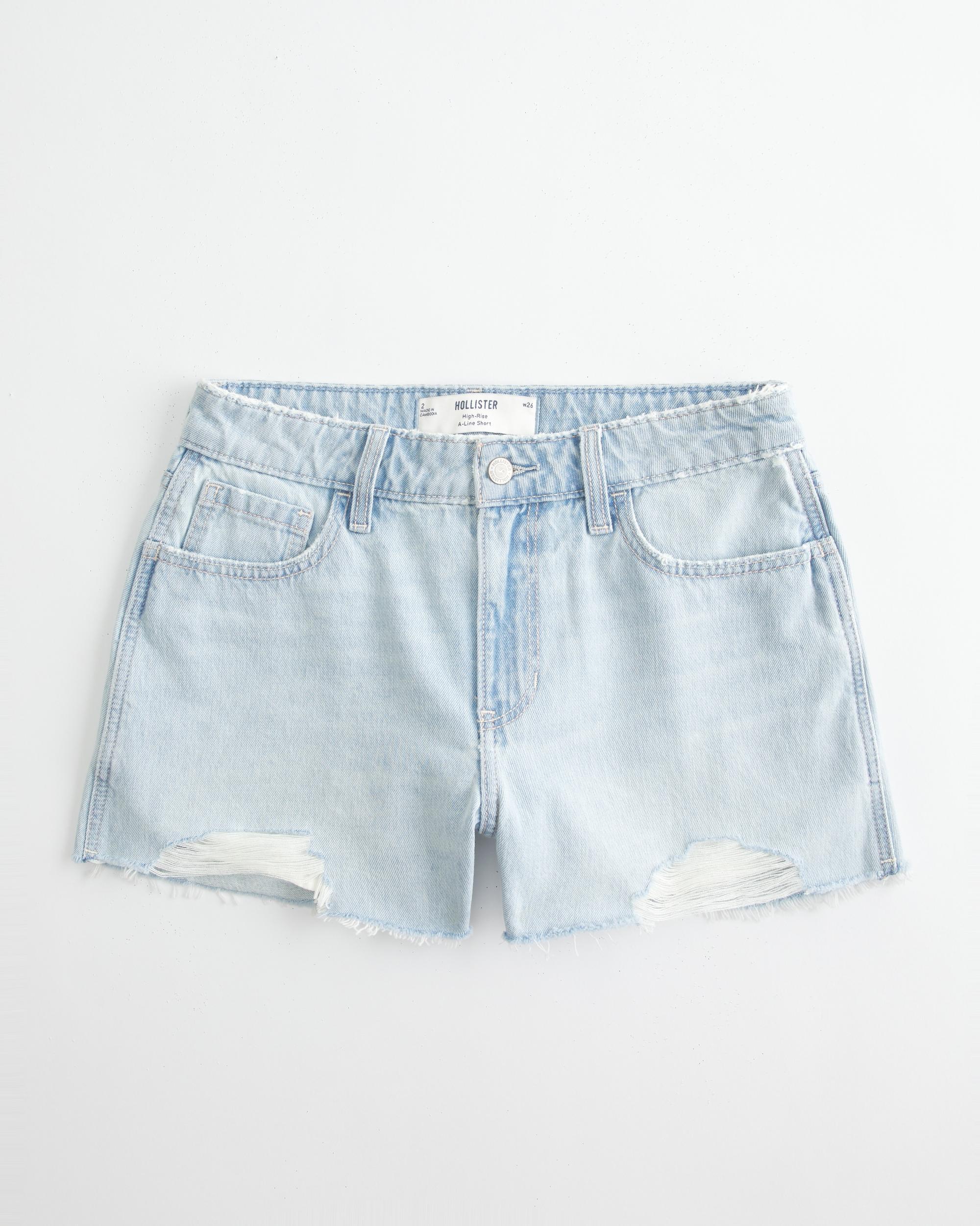 High-Rise Ripped Light Wash A-Line Denim Shorts Product Image