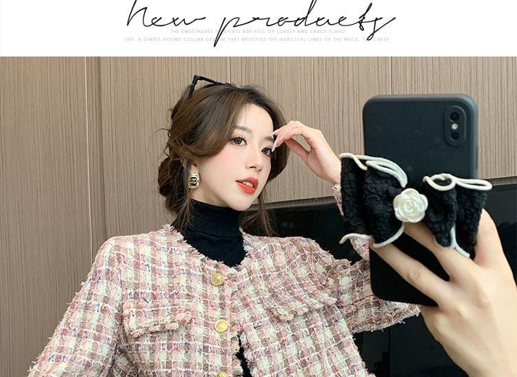 Crew Neck Frayed Button-Up Tweed Crop Jacket Product Image