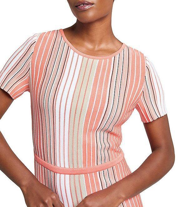 Ming Wang Knit Multi-Stripe Round Neck Short Sleeve Fit-And-Flare Midi Dress Product Image