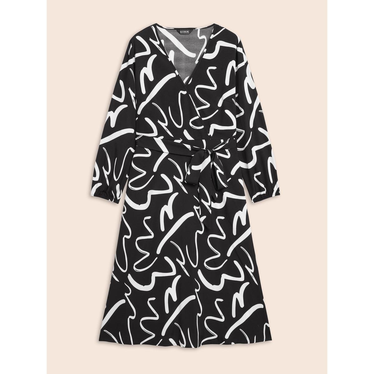Plus Size Geometric Overlap Collar Midi Dress BlackFlower Women At the Office Belted Overlap Collar Long Sleeve Curvy BloomChic 14-16/1X Product Image