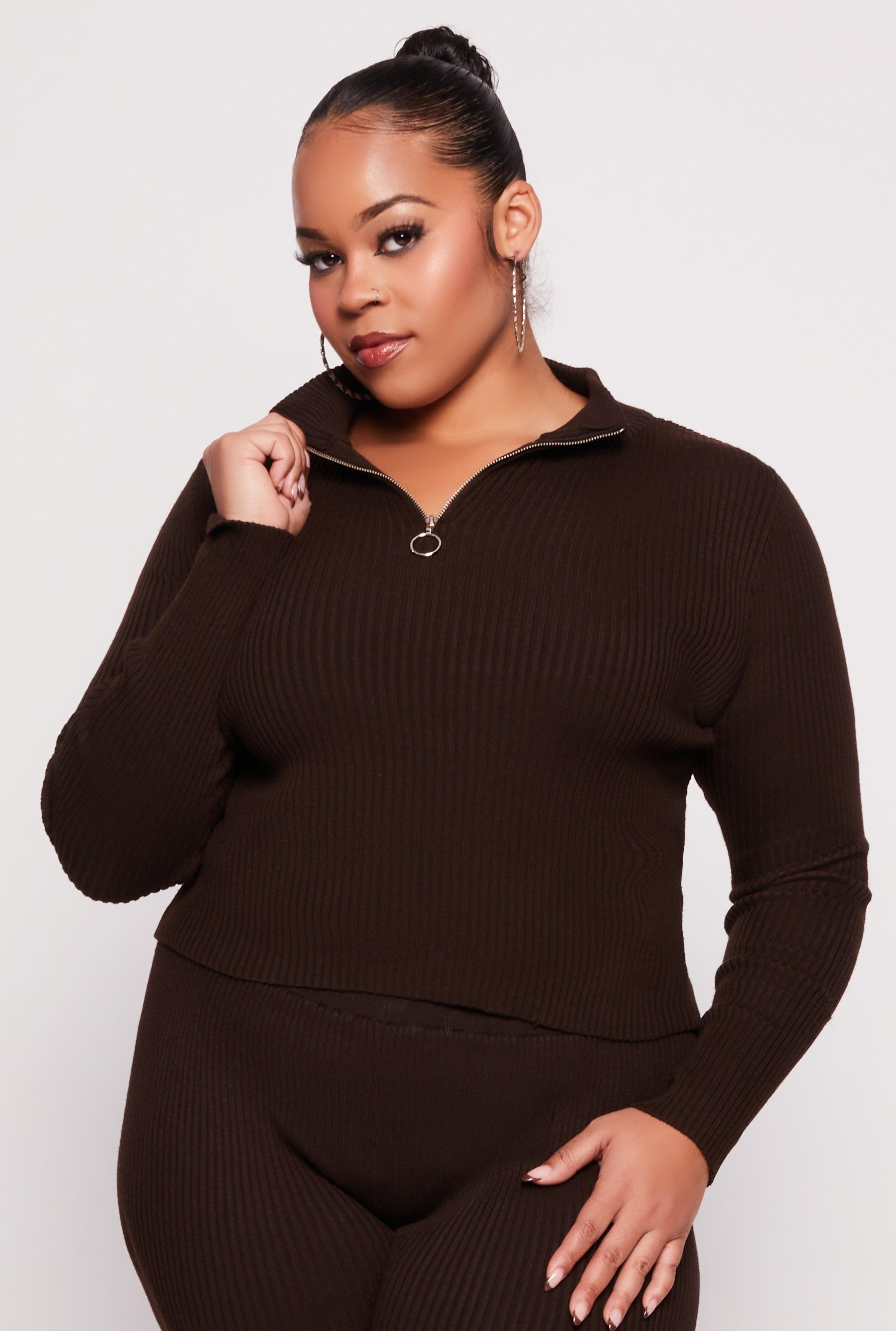 Womens Plus Size Ribbed Knit Zip Neck Sweater Product Image