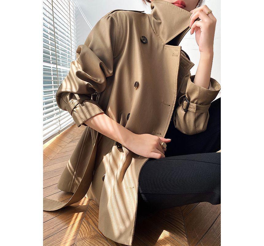 Plain  Double-Breasted Cropped With Belt Long-Sleeve Jacket Product Image