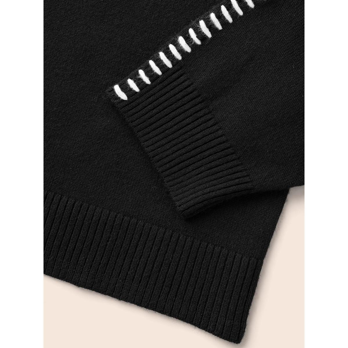 Plus Size Crew Neck Contrast Trim Drop Shoulder Pullover Black Women Casual Long Sleeve Round Neck Everyday Pullovers BloomChic 12/L Product Image