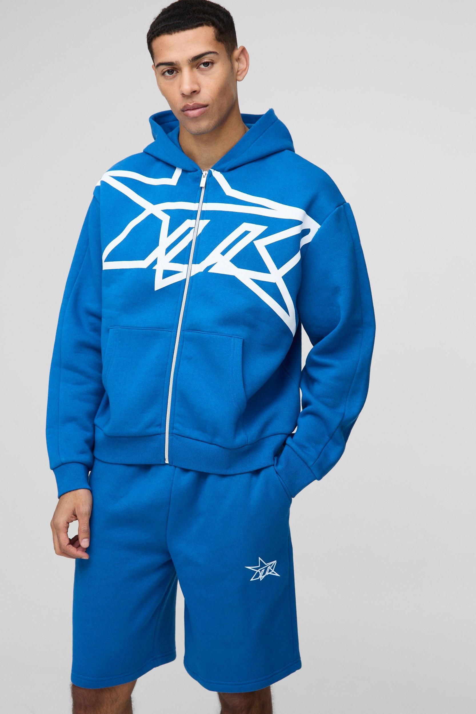 Oversized Boxy Star Printed Zip Through Short Tracksuit | boohooMAN USA Product Image