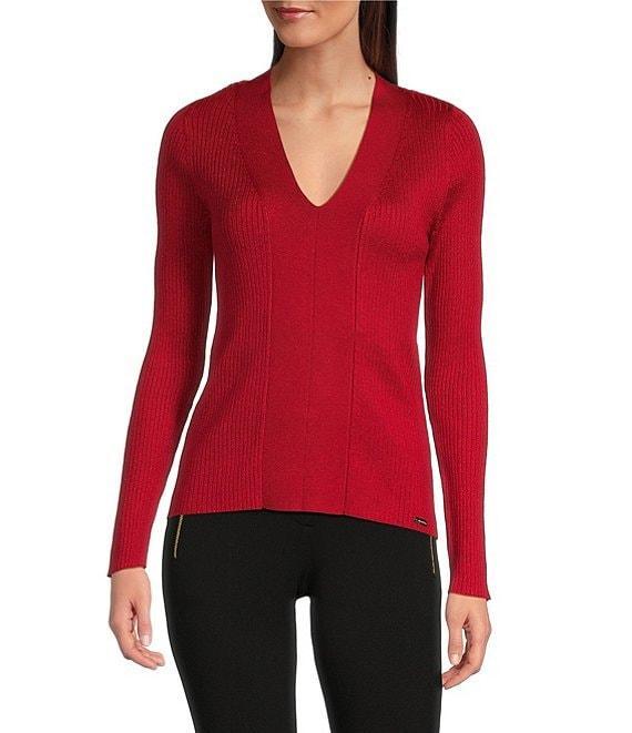 Calvin Klein Metallic Knit V-Neck Long Sleeve Top Product Image
