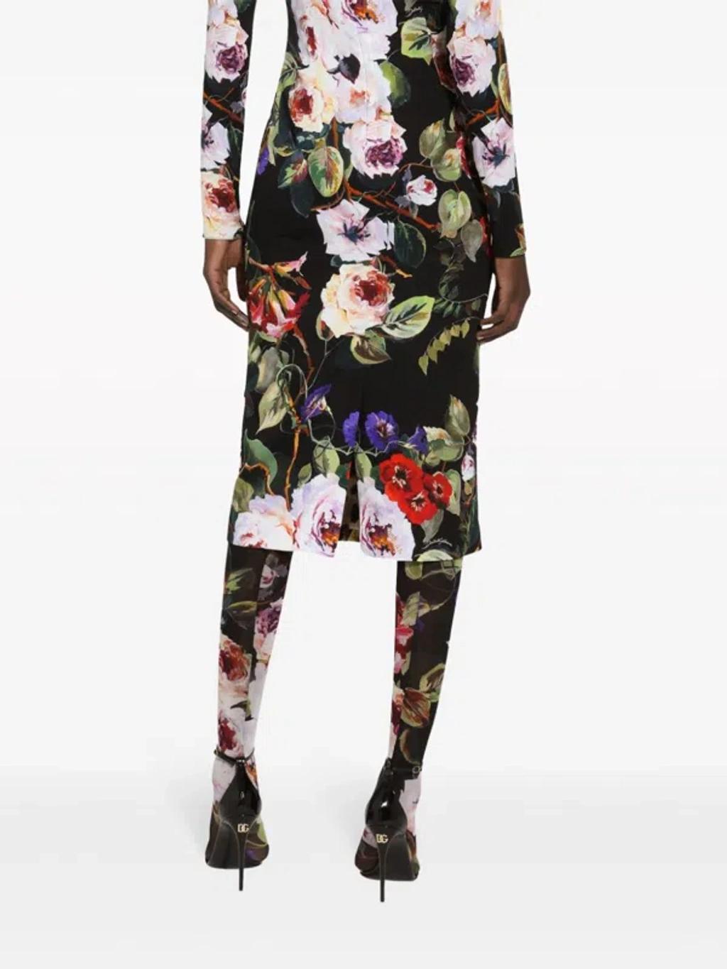 DOLCE & GABBANA Floral-print Long-sleeve Midi Dress In Multicolor Product Image