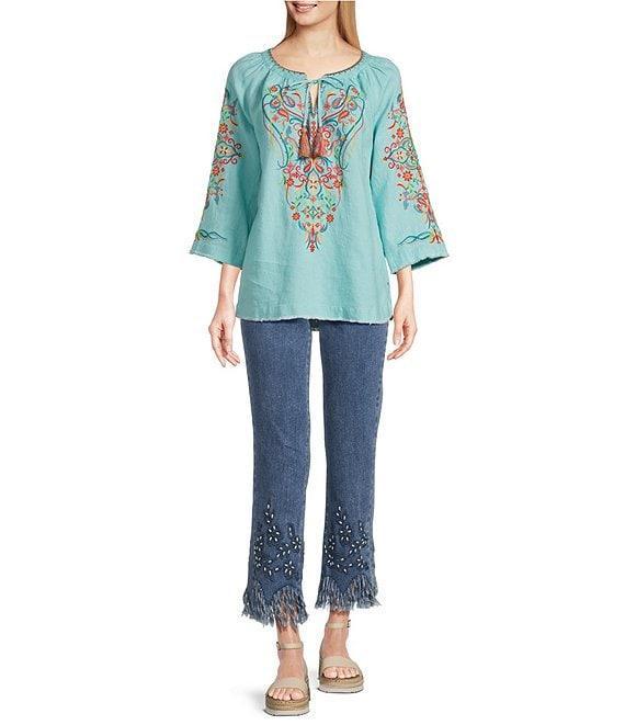 John Mark Petite Size Floral Embroidered Split V-Neck 3/4 Sleeve Frayed Tassel Tie Tunic Product Image