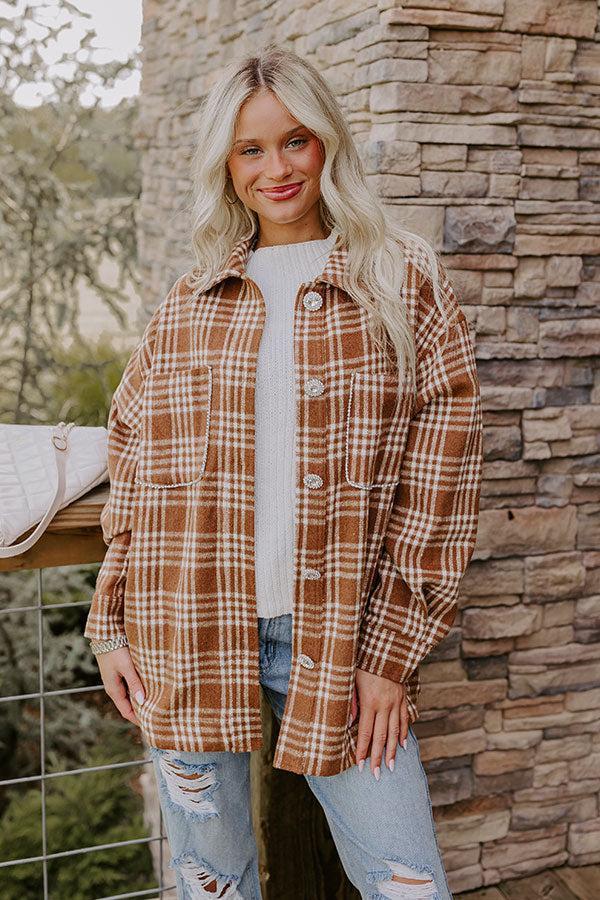 Start The Bonfire Embellished Plaid Jacket in Chocolate Product Image