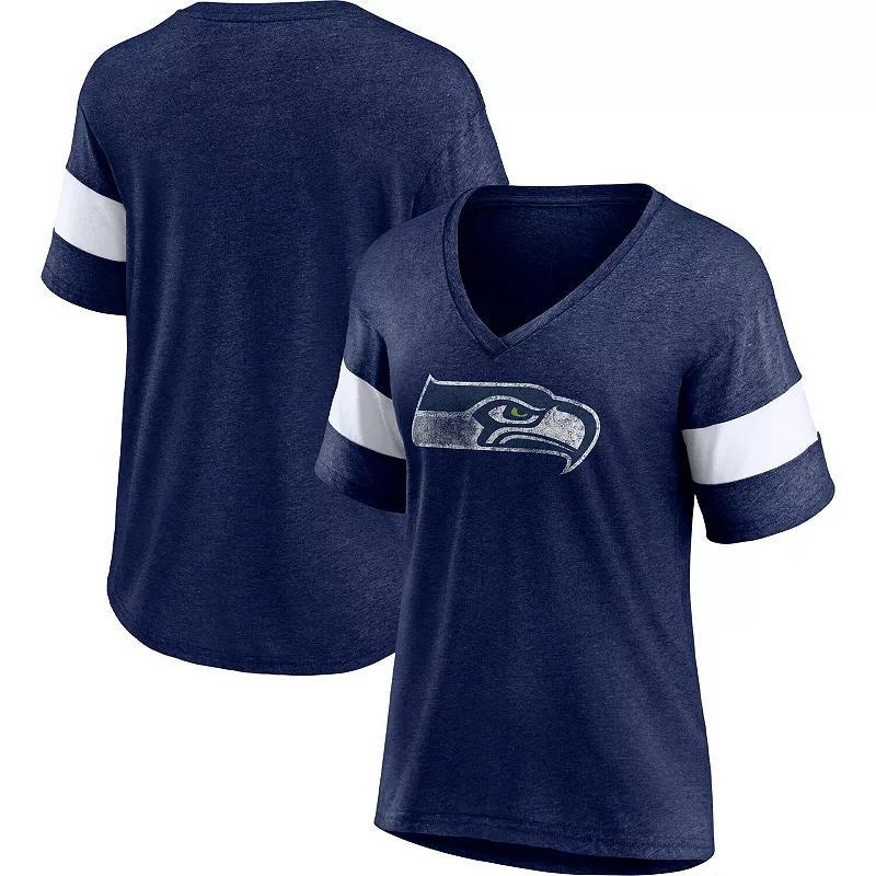 Women's Fanatics Branded Heathered Navy/White Seattle Seahawks Distressed Team Tri-Blend V-Neck T-Shirt, Size: Small, Blue Product Image