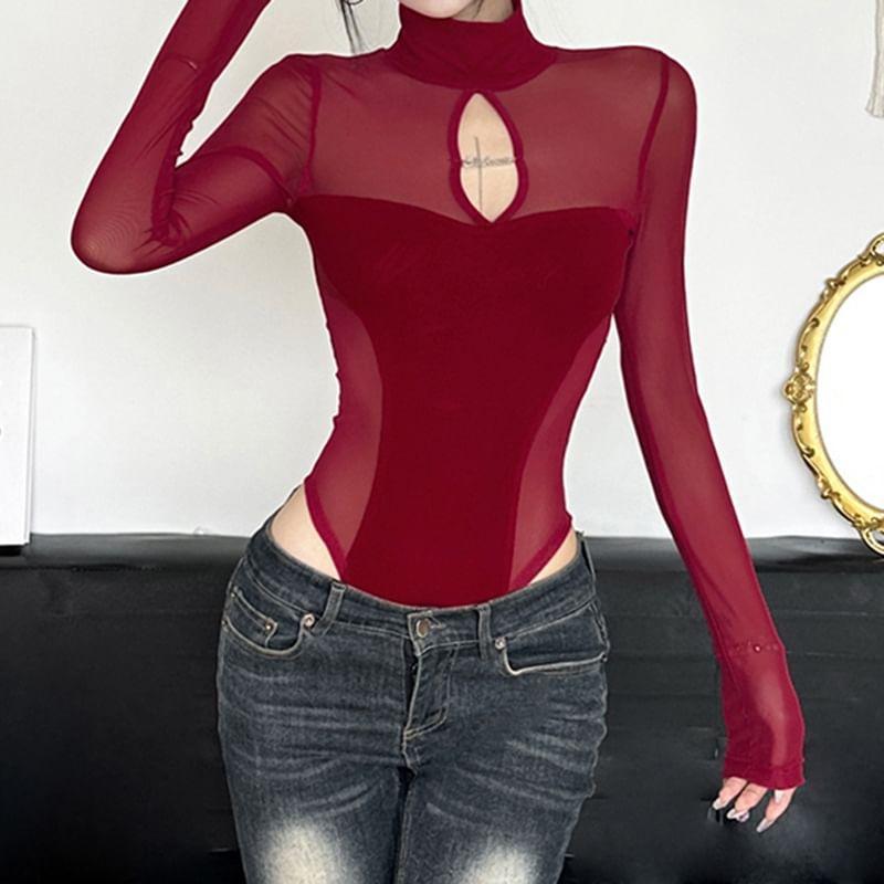 Long-Sleeve Turtleneck Cutout Mesh Bodysuit Top Product Image