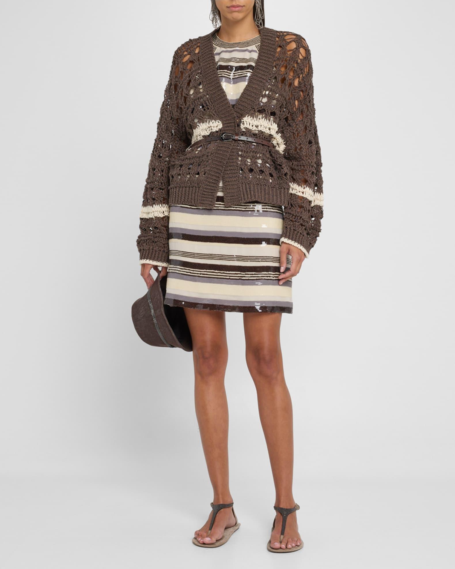 Stripe Cotton-Jute Open Knit V-Neck Cardigan Product Image