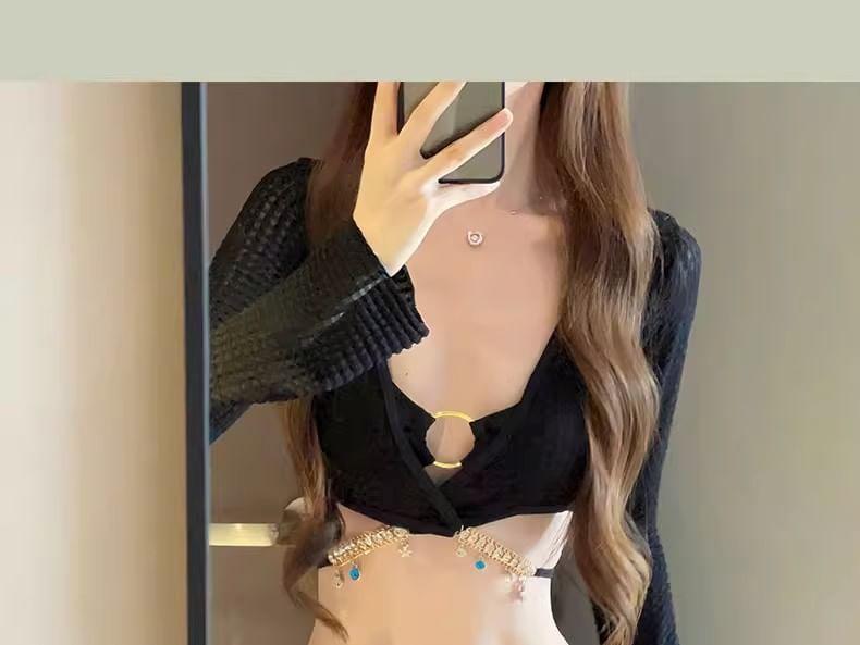 Set: Plain Bikini + Long-Sleeve V-Neck Criss Cross Top + Drawstring Cover Up Skirt Product Image