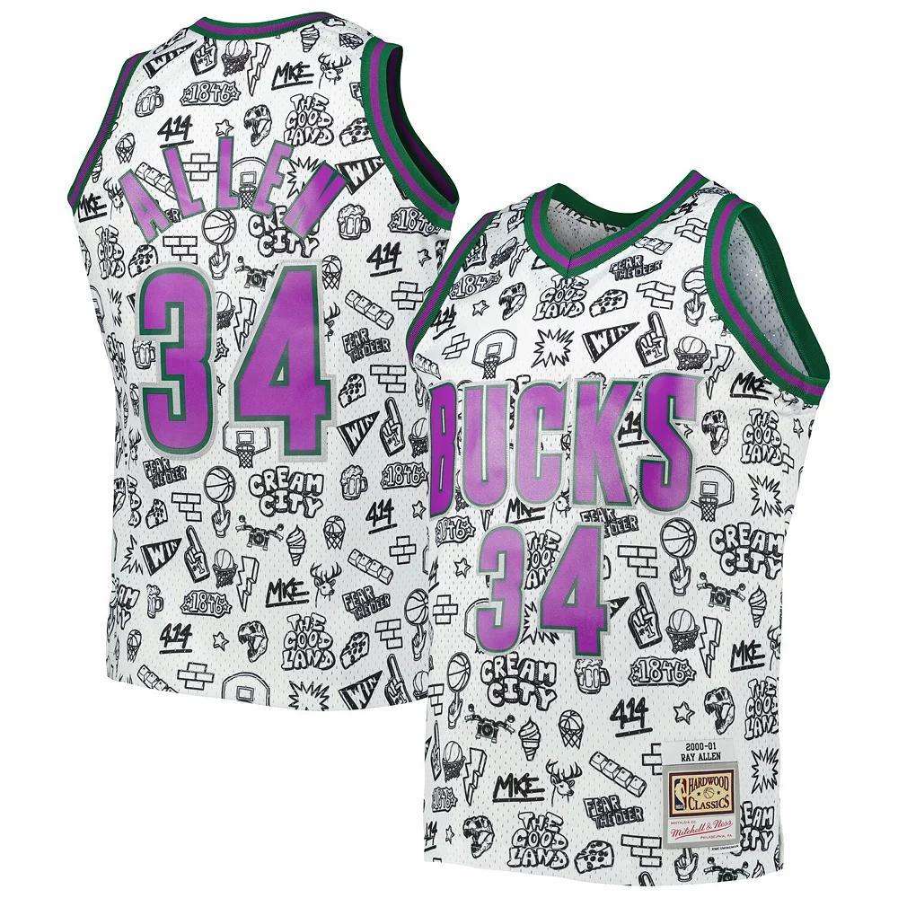 Men's Mitchell & Ness Ray Allen White Milwaukee Bucks 2000-01 Hardwood Classics Doodle Swingman Jersey, Size: Large Product Image