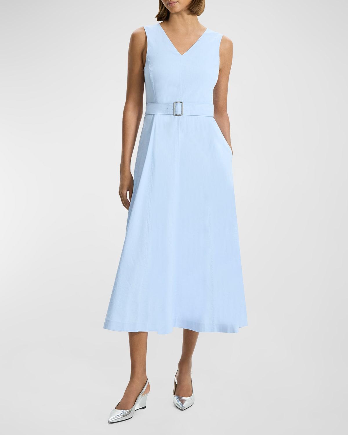 Womens Belted Linen-Blend Midi-Dress Product Image