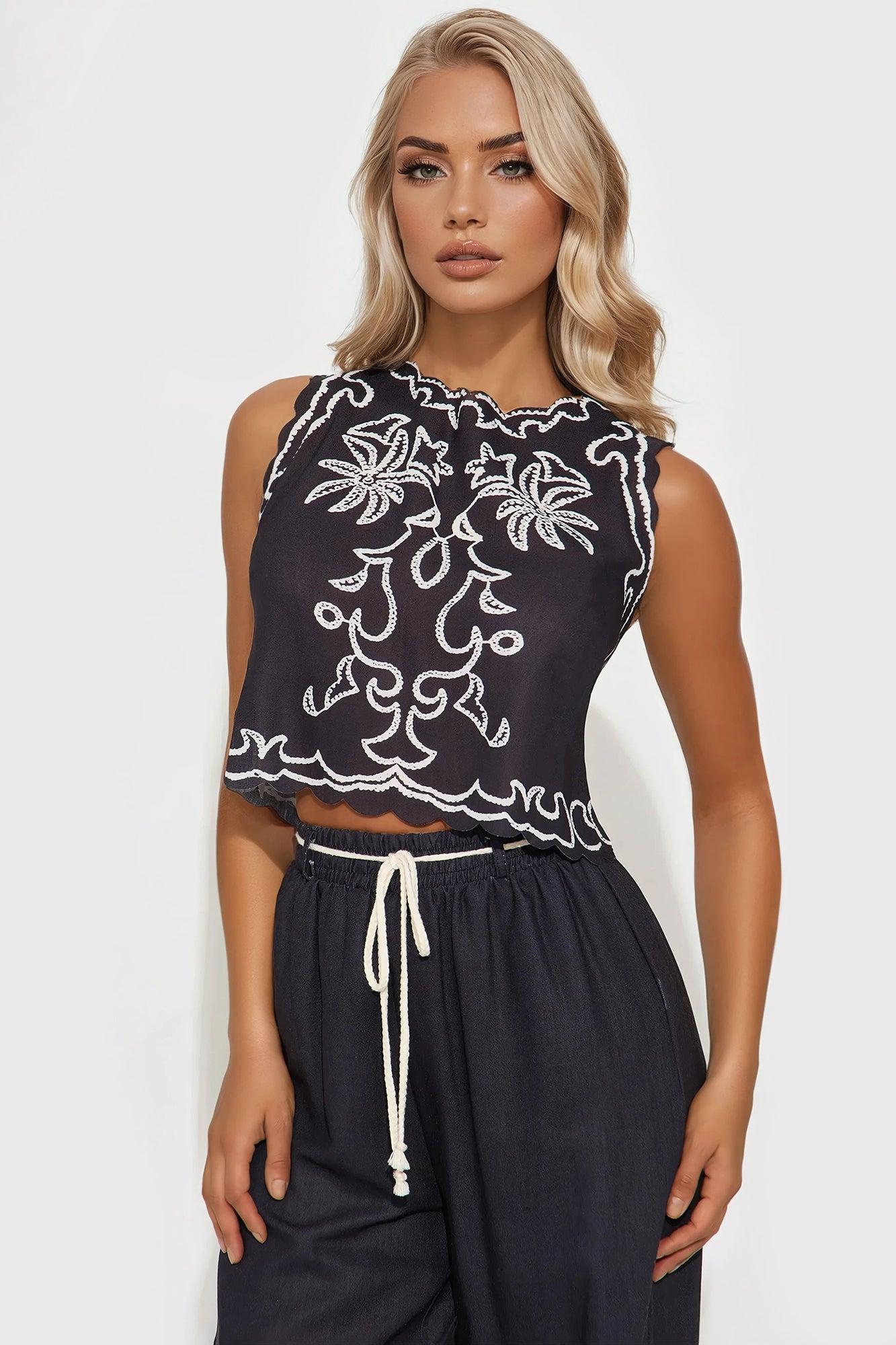 Under The Palm Linen Pant Set - Black Product Image