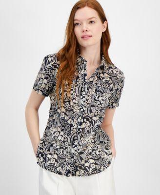 Tommy Hilfiger Womens Cotton Floral-Print Short-Sleeve Shirt - Sky Cap Product Image