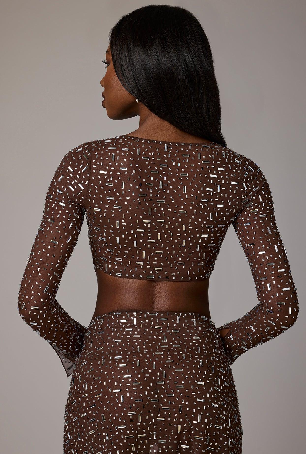 Sheer Embellished Long Sleeve Crop Top in Deep Cocoa Product Image