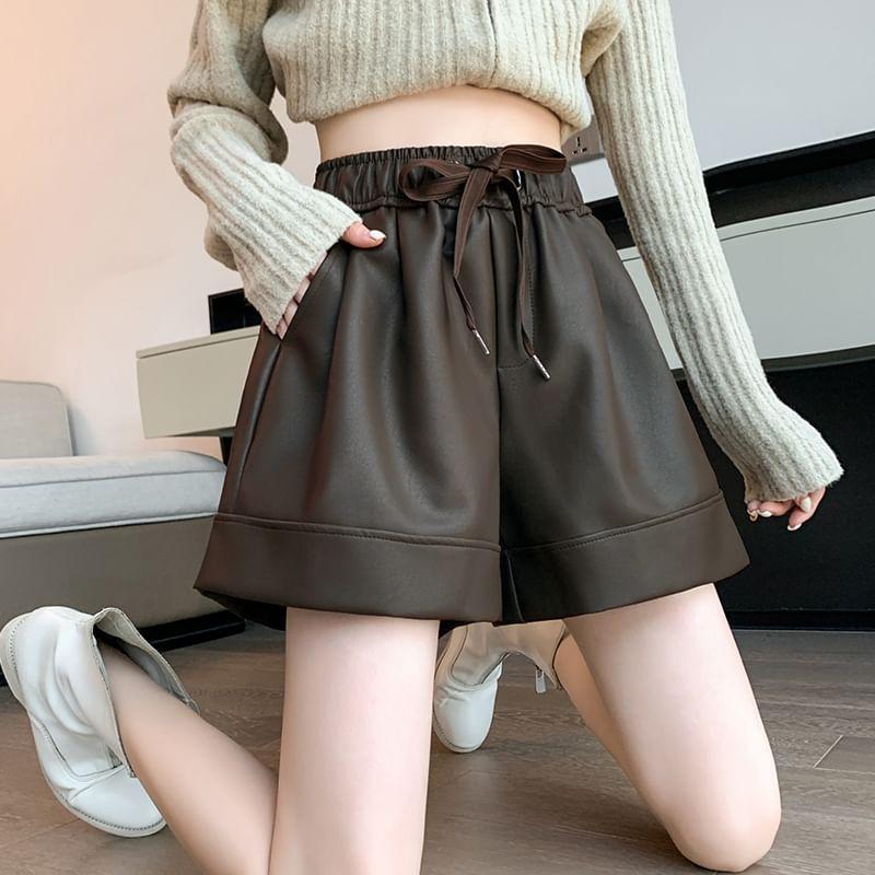 Drawstring Waist Plain Faux Leather Shorts Product Image