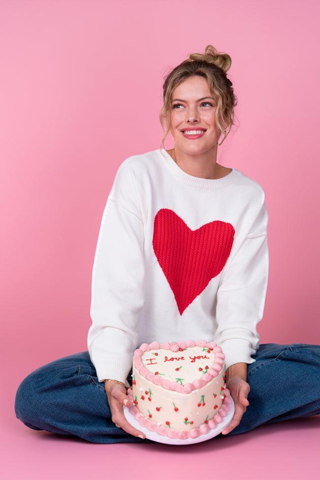 In My Heart Ivory and Red Cable Knit Heart Sweater FINAL SALE Product Image