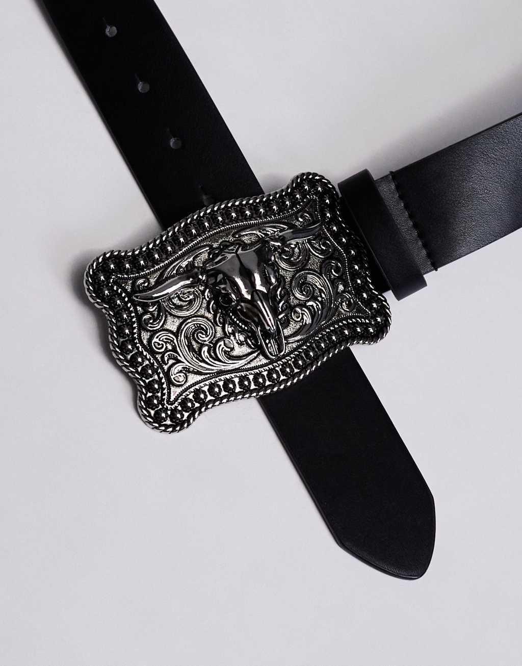 ASOS DESIGN faux leather belt with silver statement western buckle in black Product Image