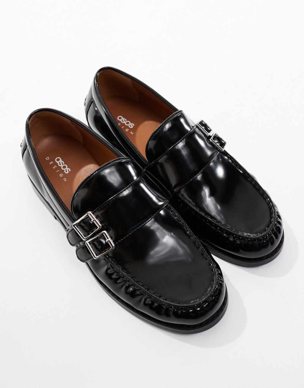 ASOS DESIGN loafers in black with wedge sole and buckle Product Image