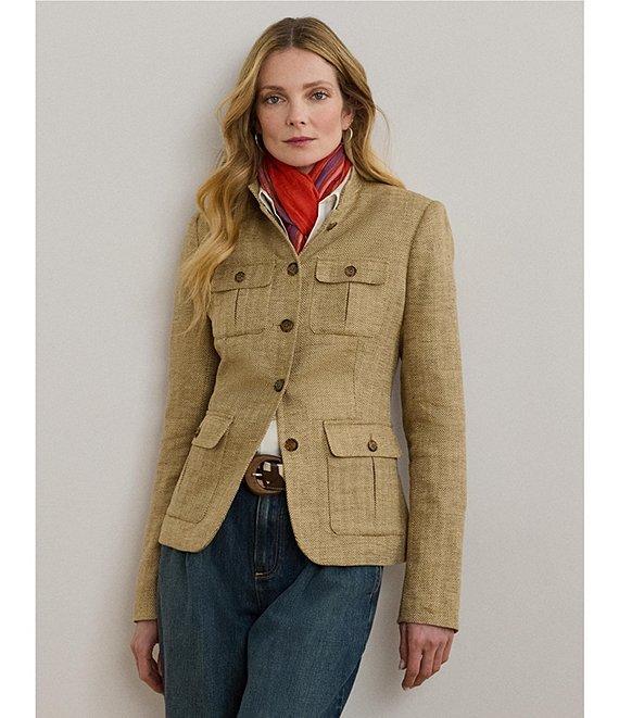 Lauren Ralph Lauren Petite Size Herringbone Linen Band Collar Long Sleeve Button Front Jacket Product Image