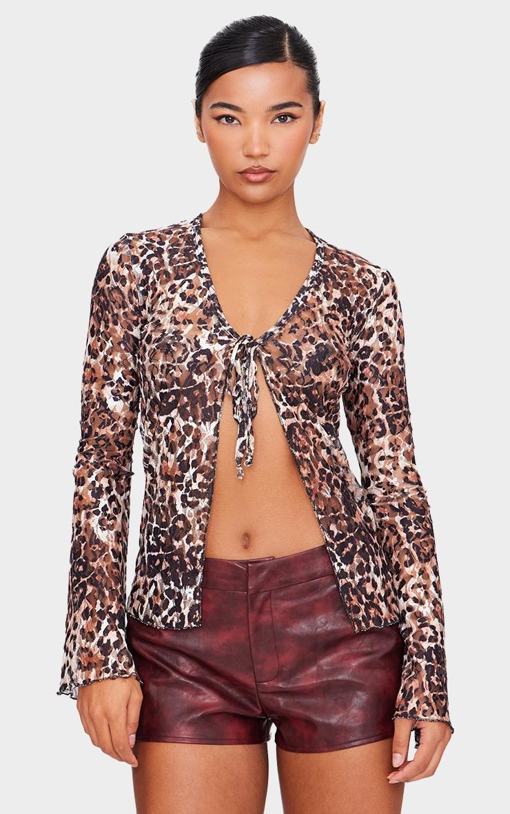 Brown Printed Lace Ruffle Detail Tie Front Long Sleeve Top Product Image